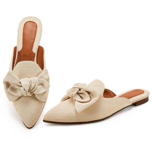 Flat Mules for Women Closed Pointed Toe Backless Mule Sandals Comfortable Slides Mules Shoes Ladies Slip-on Loafers Light Khaki