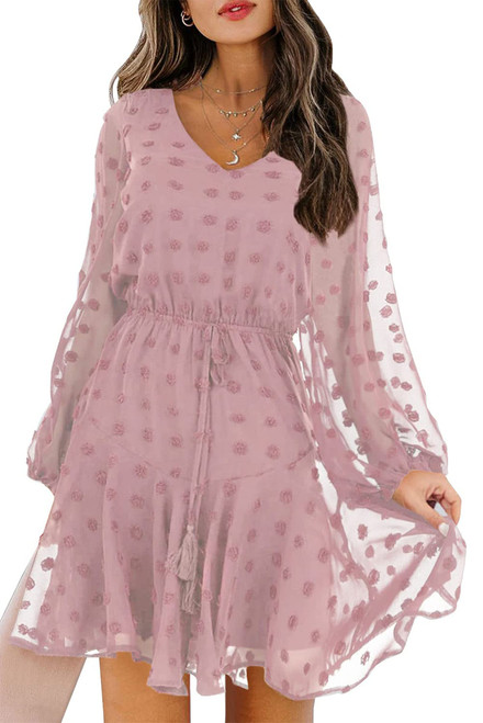 Women's 2024 Spring Summer Long Sleeve V Neck Flowy Mini Dress Swiss Dot High Waist Chiffon Casual Dresses(Pink, Large)