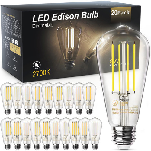 Edison Light Bulbs 60W Equivalent 20 Pack, Dimmable Vintage LED Light Bulbs, E26 Medium Base, Warm White 2700K, ST58, 8W, 800LM, 80+ CRI, Antique Decorative Filament LED Bulb, Clear Glasses. Edison Light Bulbs 60W Equivalent 20 Pack, Dimmable Vintage LED Light Bulbs, E26 Medium Base, Warm White 2700K, ST58, 8W, 800LM, 80+ CRI, Antique Decorative Filament LED Bulb, Clear Glasses.