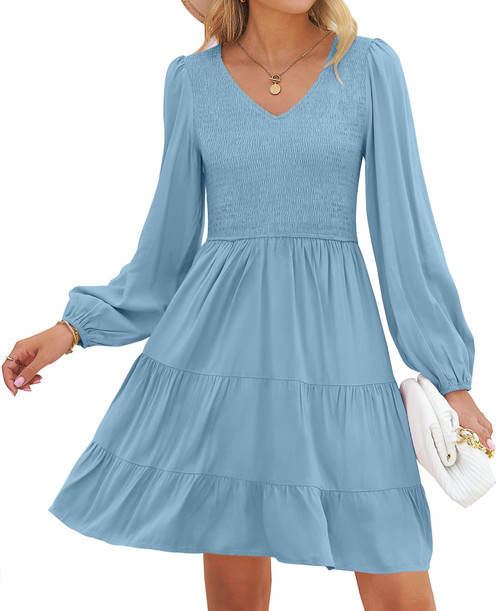 Women's Casual V Neck Long Sleeve Smocked High Waist Ruffle A Line Tiered Mini Dress,Blue,Small