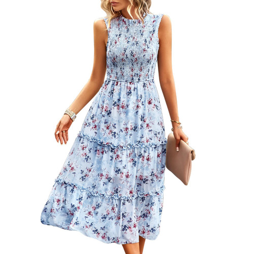 Women's Dresses Sleeveless Smocked Sundress Floral Ruffle Tiered Swing Flowy A Line Beach Midi Dress Blue