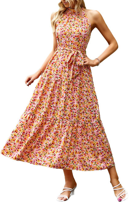 Women's Summer Floral Maxi Sun Dress Sleeveless Halter Neck Flowy Ruffle Hem Long Boho Dresses with Belt (Floral Apricot,Small)