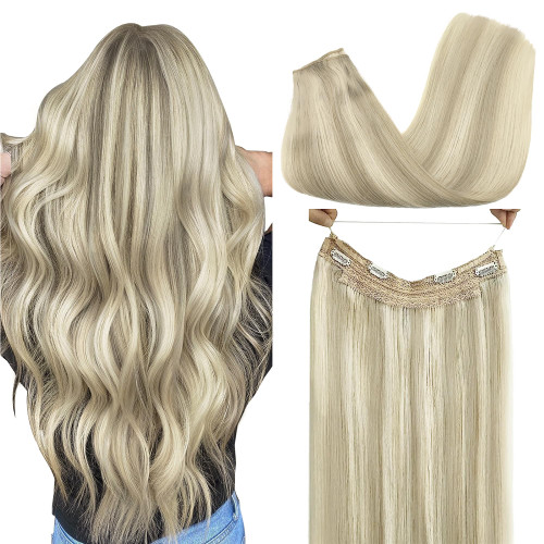 Wire Hair Extensions Real Human Hair, 12inch 70g Ash Blonde Highlighted Platinum, Invisible Wire Hair Extensions with Transparent, Seamless Fish Line Hairpiece, Straight Remy Hair Extensions