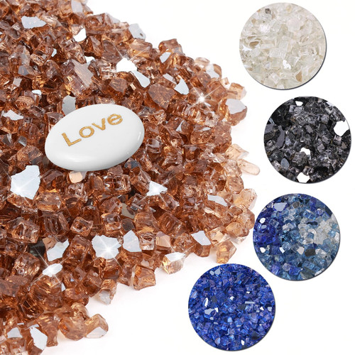 20Ib Fire Glass for Fire Pit - 1/2 inch Reflective Fire Glass Rocks for Propane and Gas Fireplace, Firepit Glass with Inspiration Stone - Amber