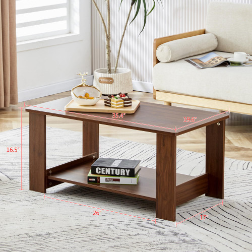 Modern Rustic Coffee Table, 35 Inch Center Table with Storage Shelf Two Tier Rectangle Coffee Table, Mid Century Wood Coffee Tables for Living Room (Walnut, 35.4)