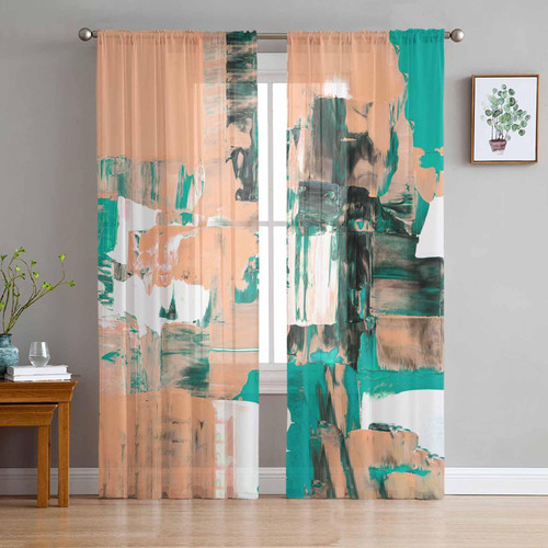 Orange Teal Sheer Curtains 63 Inches Length 2 Panels Set Bedroom Curtain Drapes, Modern Oil Painted Abstract Art Semi Curtain Sheers for Living Room/Cafe, Rod Pocket Voile Window Treatment