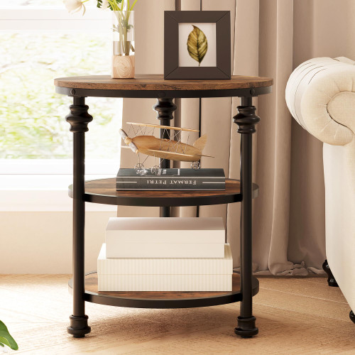 Round End Table, 3-Tier Side Table Living Room Accent Table with Storage Shelf and Metal Industrial Wood Bed Side Table/Night Stand for Bedroom, Small Spaces, Rustic Brown (Style 01-Brown)