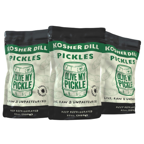 Fermented Dill Pickles - 96 Ounces | 3 Pack Bundle of Probiotic Kosher Dill Pickles and Brine with Digestive Enzymes for Gut Health - 32 oz per bag Fermented Dill Pickles - 96 Ounces | 3 Pack Bundle of Probiotic Kosher Dill Pickles and Brine with Digestive Enzymes for Gut Health - 32 oz per bag