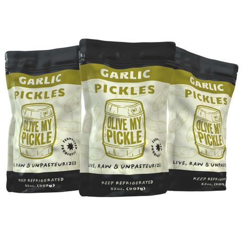 Garlic Fermented Dill Pickles - 96 Ounces | 3 Pack Bundle of Probiotic Garlic Dill Pickles and Brine with Digestive Enzymes for Gut Health - 32 oz per bag Garlic Fermented Dill Pickles - 96 Ounces | 3 Pack Bundle of Probiotic Garlic Dill Pickles and Brine with Digestive Enzymes for Gut Health - 32 oz per bag