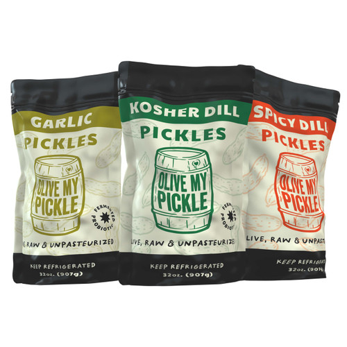Fermented Pickles Probiotic Variety Pack - 96 Ounces | 3-Pack Bundle of Kosher Dill, Garlic, Spicy Kosher Dill Pickles and Brine with Digestive Enzymes for Gut Health - 32 oz per bag Fermented Pickles Probiotic Variety Pack - 96 Ounces | 3-Pack Bundle of Kosher Dill, Garlic, Spicy Kosher Dill Pickles and Brine with Digestive Enzymes for Gut Health - 32 oz per bag