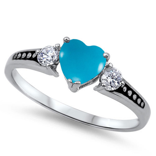 925 Sterling Silver Cabochon Natural Genuine Arizona Blue Turquoise Heart Promise Ring Size 4