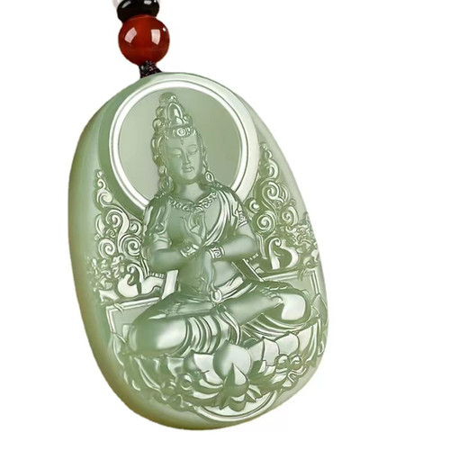 A-grade blue and white jade Guanyin pendant men's natural handmade jade pendant peace and happiness (Cyan, natural jade)