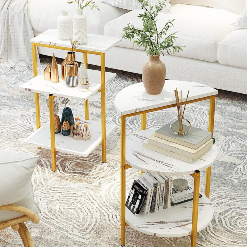 White and Gold Side Table Set of 2,3 Tier Faux Marble Round & Rectangle End Table/Small Night Stand Bedside Tables w/Metal Frame,Modern Corner Table Coffee Table for Living Room Bedroom