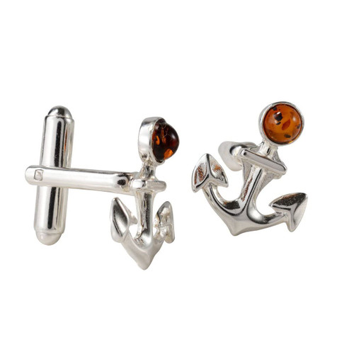 Sterling Silver and Baltic Honey Amber Anchor Cufflinks