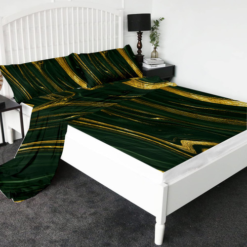 Ivy Green Sheet Set Full Size - Marble Bed Sheets, Luxury Marble Deep Pocket Full Fitted Sheets, Flat Sheet, Pillow Shams