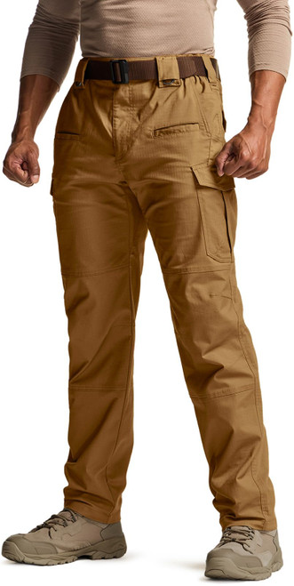 Men's Flex Stretch Tactical Pants, Water Resistant Ripstop Cargo Pants, Lightweight EDC Outdoor Work Hiking Pants, Tac-Stretch Cargo Coyote, 32W x 30L