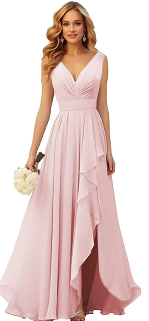 Pleated Blush Pink Plus Size Bridesmaid Dresses Long for Women Formal V Neck Chiffon Evening Dress Size 18W Pleated Blush Pink Plus Size Bridesmaid Dresses Long for Women Formal V Neck Chiffon Evening Dress Size 18W
