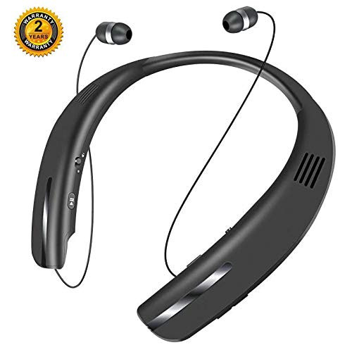 Bluetooth Headphones Speaker 2 in 1,SEOBIOG Neckband Wireless Headset Wearable Speaker True 3D Stereo Sound Sweatproof Headphones with Retractable Earbuds Built-in Microphone (Black)