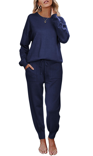 Women Sweatsuits Sets 2 Piece Long Sleeve Outfits Warm Pulliover Sweatshirt And Pant Jogger Tracksuits Navy,L