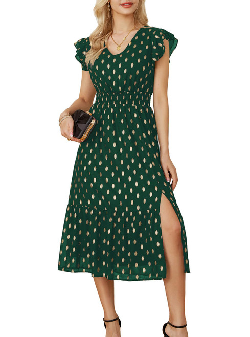 Women 2023 Summer Dress Midi Dress V Neck Ruffle Cap Sleeve Polka Dot Flowy Split Tiered A-Line Wedding Guest Dress Dark Green M