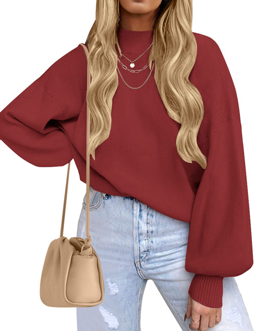Women's 2024 Casual Turtleneck Long Lantern Sleeve Oversized Ribbed Knit Pullover Sweater Jumper Top,Wine,Medium