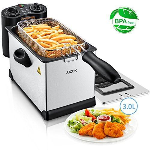 Deep Fryer with Basket, Aicok Stainless Steel Electric Oil Deep Fryer Machine with Adjustable Temperature & Timer, Easy to Clean, Perfect for Fries, Chicken, Shrimp, Fully Removable, 3 Liter, 1700W