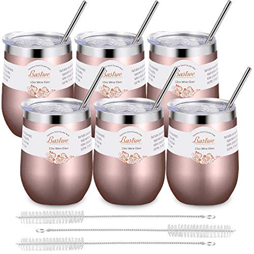 Bastwe 6 Pack Stainless Steel Stemless Wine Tumblers with Straw, 12 oz Double Wall Vacuum Insulated Wine Tumbler for Champagne, Cocktail, Beer, Coffee, Drinks (Rose Gold)