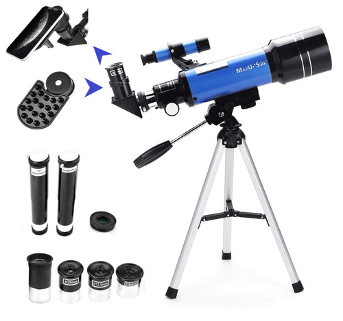 70mm Telescope for Kids & Astronomy Beginners, Refractor Telescope with Tripod & Finder Scope, Portable Telescope with 4 Magnification eyepieces & Phone Adapter Blue