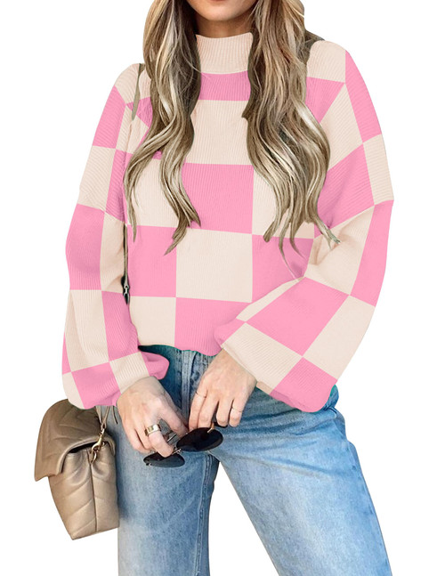 Women's 2024 Casual Turtleneck Long Lantern Sleeve Oversized Ribbed Knit Pullover Sweater Jumper Top,PinkPlaid,Small