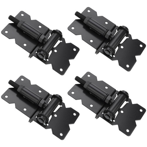 Self Closing Gate Hinges Adjustable Heavy Duty Hardware 90 Degree Gate Hinges Kit for Wood/Vinyl/Metal/Outdoor Fence, with Self-Tapping Screws and Swing Adjuster Tool, 4-Pack, Black Finish