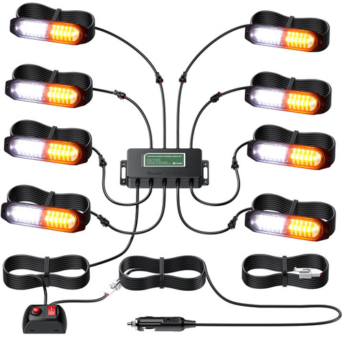 LED Surface Mount Strobe Lights Kit,White Amber Flashing Car Truck Strobe Lights,8pcs Surface Mount Emergency Warning Flashing Strobe Lights,30 Strobe Mode,Memory Function,12V,24V,Waterproof