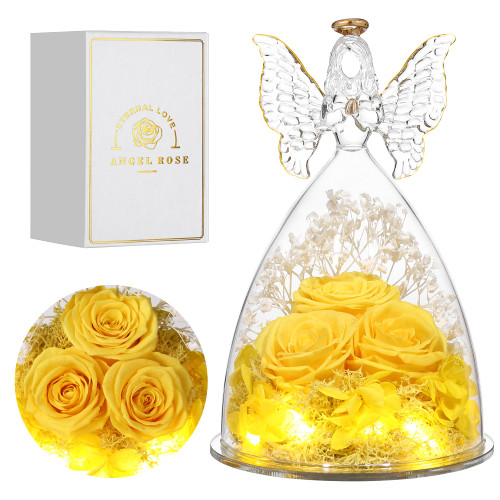 Mothers Day Mom Gifts for Her, Glass Angel Figurine with Three Roses Gifts,Preserved Forever Real Rose Gifts for Women, Angel Guardian with Roses Flower Gift, Yellow Mothers Day Mom Gifts for Her, Glass Angel Figurine with Three Roses Gifts,Preserved Forever Real Rose Gifts for Women, Angel Guardian with Roses Flower Gift, Yellow