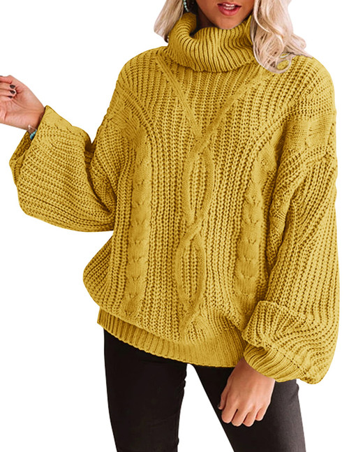 Women's 2024 Fall Long Sleeve Turtleneck Chunky Knit Loose Oversized Sweater Pullover Jumper Tops,Yellow,Medium