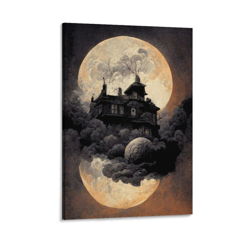 Beautiful Visual Art Aesthetics Castle Art, Dark Aesthetics, Moon, Horror Art, Halloween Wall Art Paintings Canvas Wall Decor Home Decor Living Room Decor Aesthetic 20x30inch(50x75cm) Frame-style