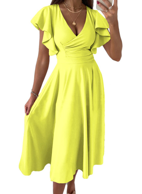 Womens Easter Dress Spring Dress Flared Dress Women Long Dress Wedding Guest Dresses Formal Wedding Guest Dress Yellow XL