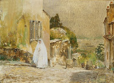 Hassam (Spring Morning, rue Mt. Cenis, Montmartre, 1889) Canvas Art Print Reproduction (9.5x12.8 in) (24x33 cm)