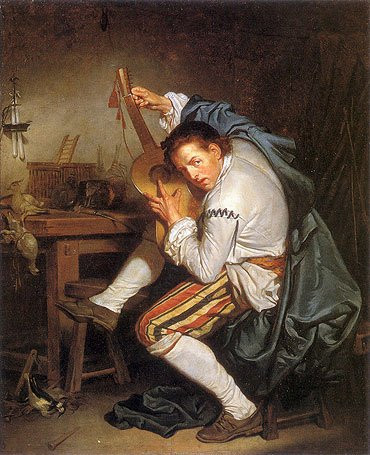 Greuze (The Guitarist, c.1760) Canvas Art Print Reproduction (16.1x13 in) (41x33 cm)