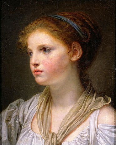 Greuze (Girl with a Blue Ribbon) Canvas Art Print Reproduction (16.1x13 in) (41x33 cm)