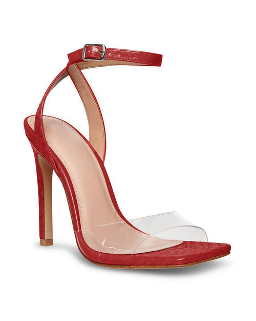 Womens Clear Heels Sandals Square Toe Ankle Strap Sexy High Heeled Stiletto Dress Shoes, Red, Size 8