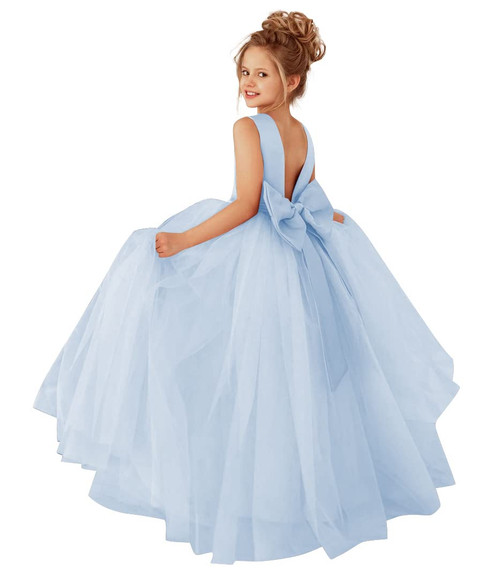 Flower Girl Dresses for Wedding Toddler Pearls Satin Tulle Bow-Knot Back Pageant Princess First Communion Dress Light Blue Size 2