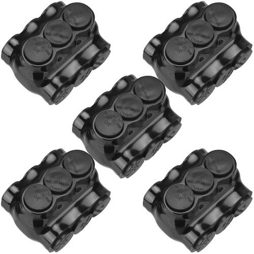 5 Pack Black Multi Cable Connector Insulated Multi Tap Connector 3 Wire Port Splice Connector Dual Sided Entry Prefilled with Oxide Inhibitor (3/0-6AWG, 7/32'' Allen Hex, 2.57'' L x 1.73'' H)