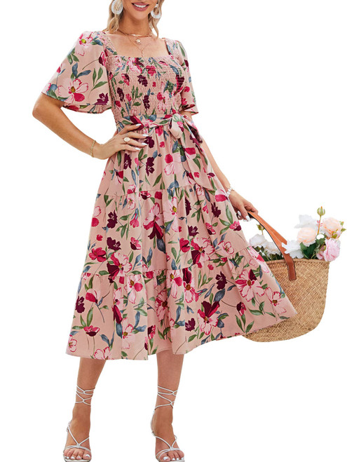 Women's Flowy Summer Boho Floral Midi Dress Casual Square Neck Smocked Cottagecore Dress (Pink Floral M)