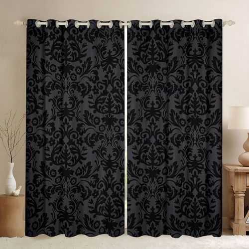 Adults Black Damask Blackout Curtains Antique Victorian Baroque Curtains & Drapes 52" Wx63 L Gothic Vintage Floral Window Curtains Bohemian Exotic Window Treatments 2 Panels Bedroom Decor