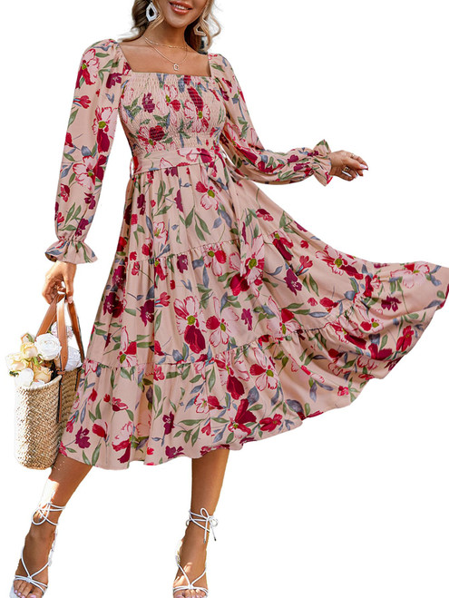 Women's Floral Long Sleeve Midi Dress Boho Wedding Guest Dress Square Neck Smocked Tiered Flowy Dress (Floral Pink S)