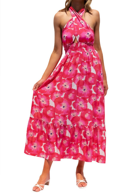 Women's 2024 Summer Crossover Halter Neck Sleeveless Plaid Cut Out Backless Flowy A Line Maxi Dress,Magenta,Large