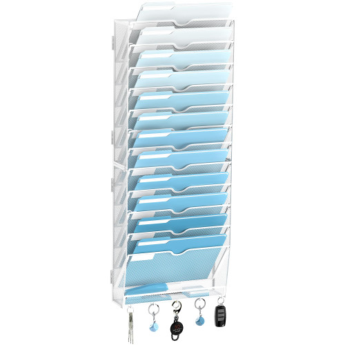 13-Tier Wall File Organizer, Mesh Hanging File Organizer, Wall File Holder with Hooks, Mail Organizer Wall Mounted for Papers, Folders, Office Magazine Rack, Assembly Needed, White
