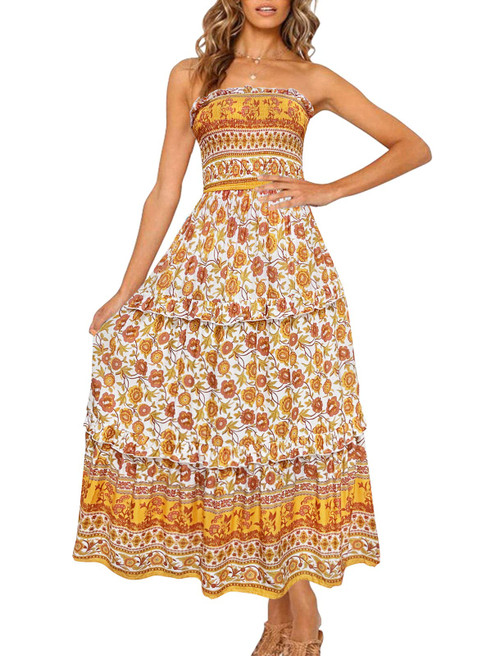 Women's 2024 Summer Bohemian Floral Printed Strapless Beach Party Long Maxi Dress,Yellow,X-Large