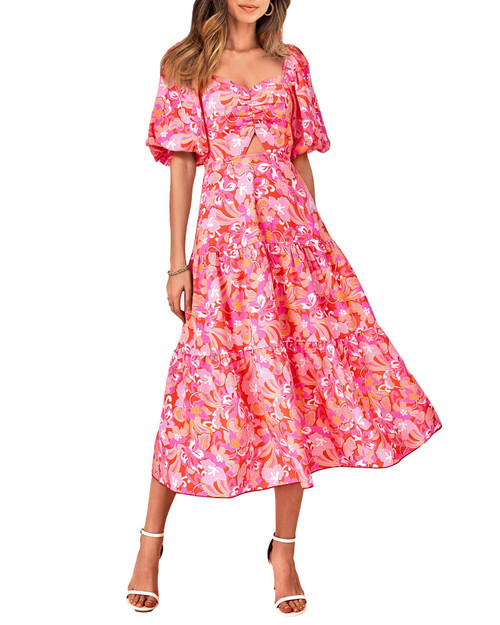 Women Summer Dresses 2024 Casual Flowy Beach Square Neck Puff Short Sleeve Smocked Back Boho Floral Long Maxi Dress(Print Pink, XX-Large)