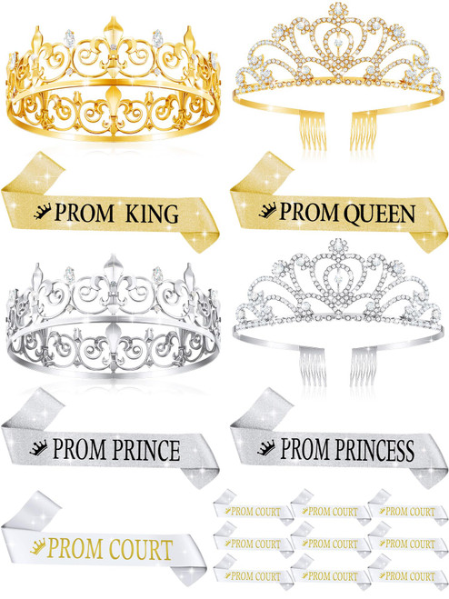 18 Pcs Prom Tiara Sashes Set King and Queen Prom Costume Crowns Tiara Princess's and Prince's Tiara Shiny Satin Sash Prom Court Prom Royalty Set for Graduation Cosplay Party Accessories
