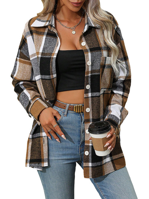 Women's Plaid Button Front Drop Shoulder Long Sleeve Blouse Top Brown M
